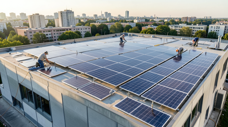 entreprise solaire photovoltaïque en train d'installer des panneaux solaires sur une toiture industrielle