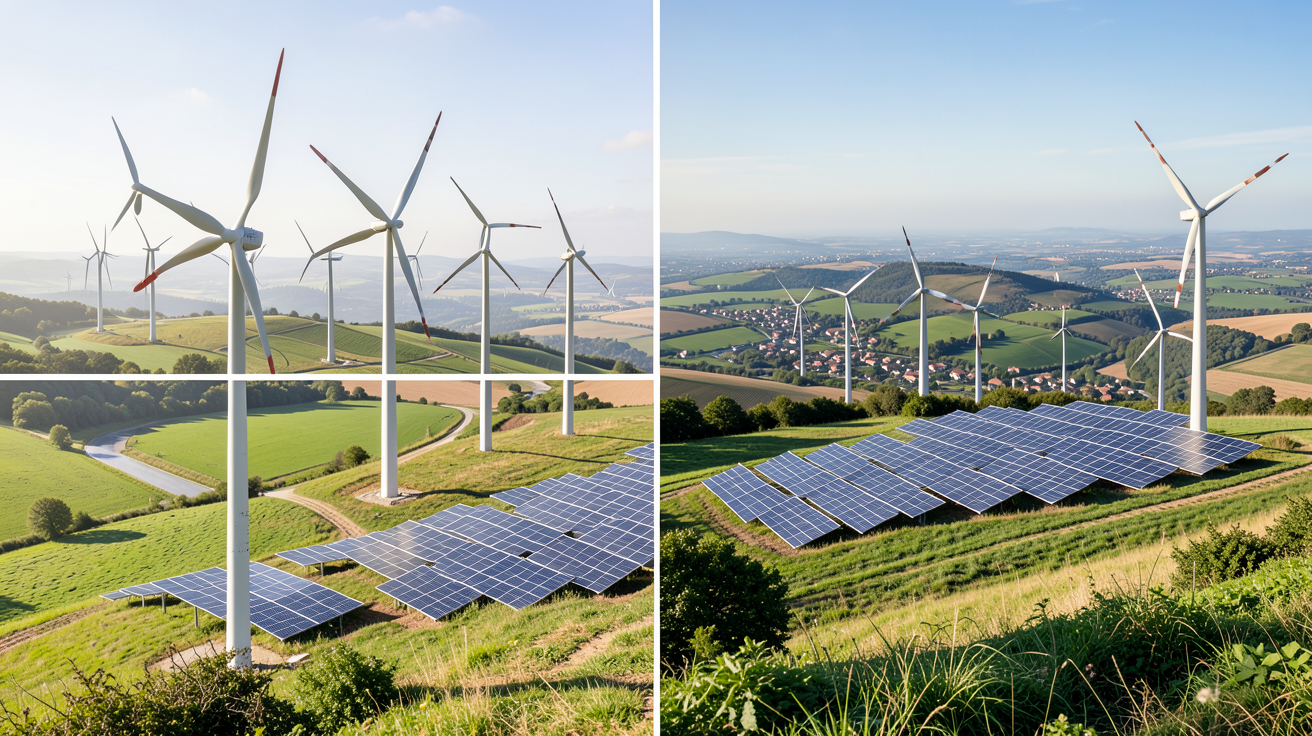 eolienne photovoltaique montrant plusieurs installations dans différentes régions pour comparer la production énergétique annuelle