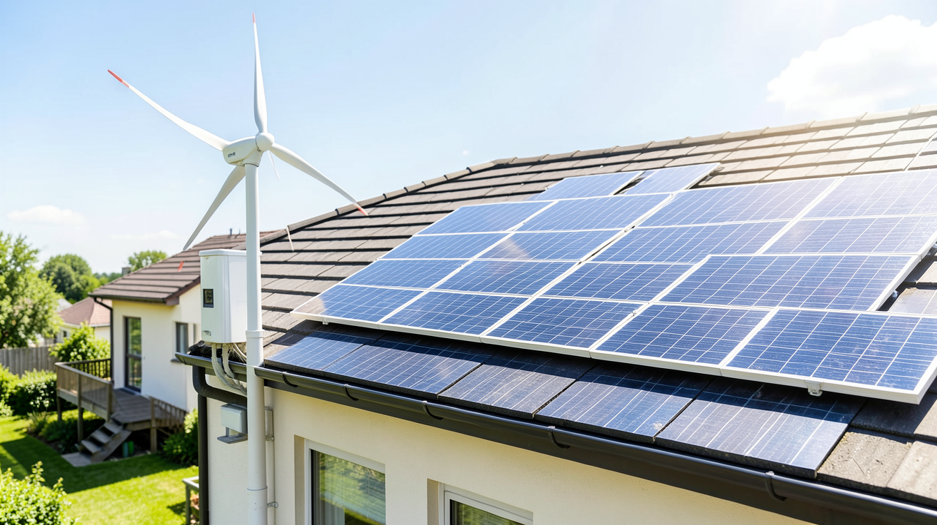 eolienne photovoltaique comparaison d'une petite éolienne domestique et de panneaux photovoltaïques sur un toit, illustrant le fonctionnement de base