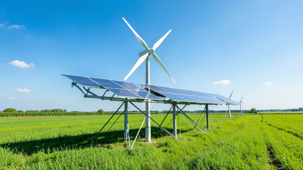 eolienne photovoltaique hybride alliant énergie éolienne et solaire dans un paysage naturel