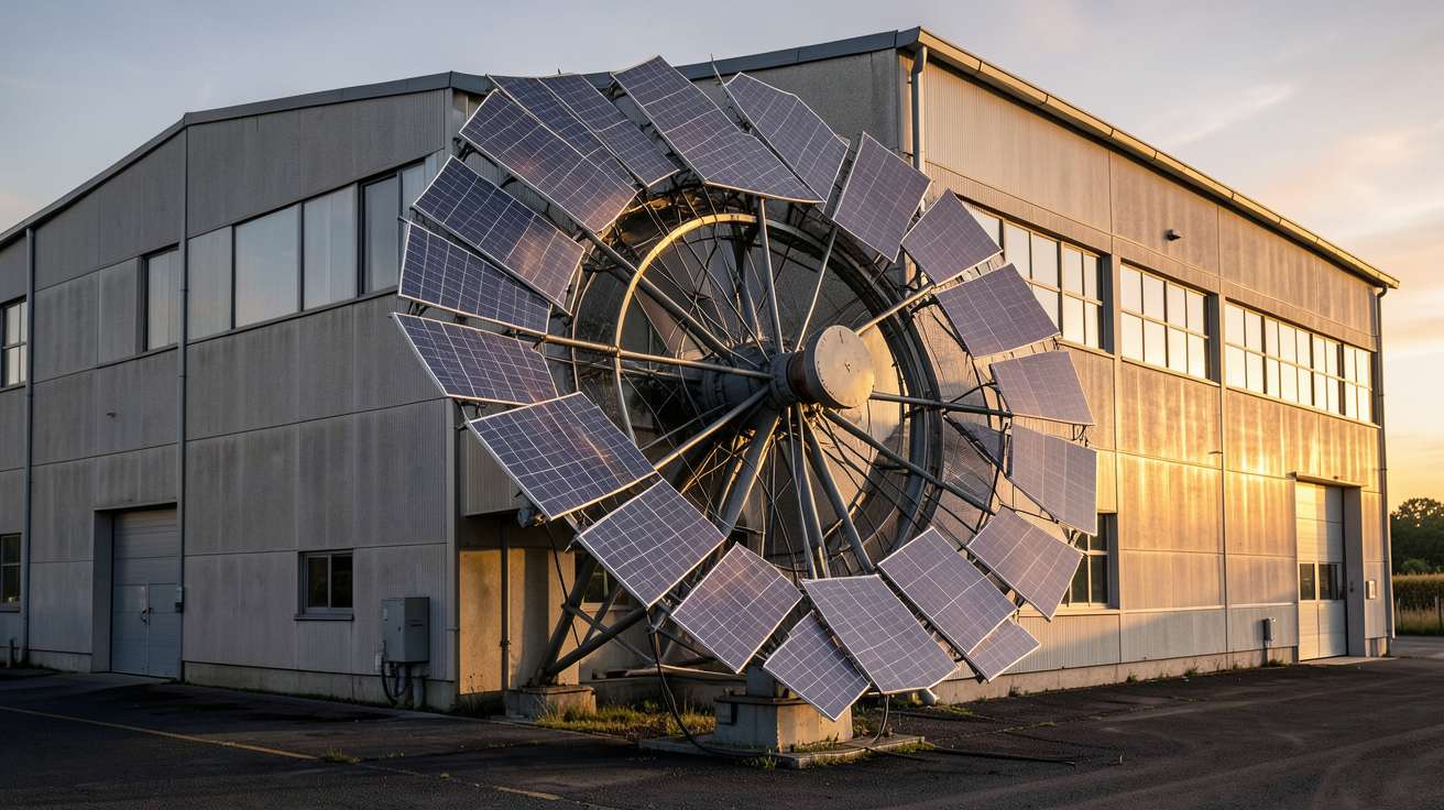 eolienne photovoltaique montrant une installation réussie en France, sur le toit d'une usine avec panneaux solaires intégrés
