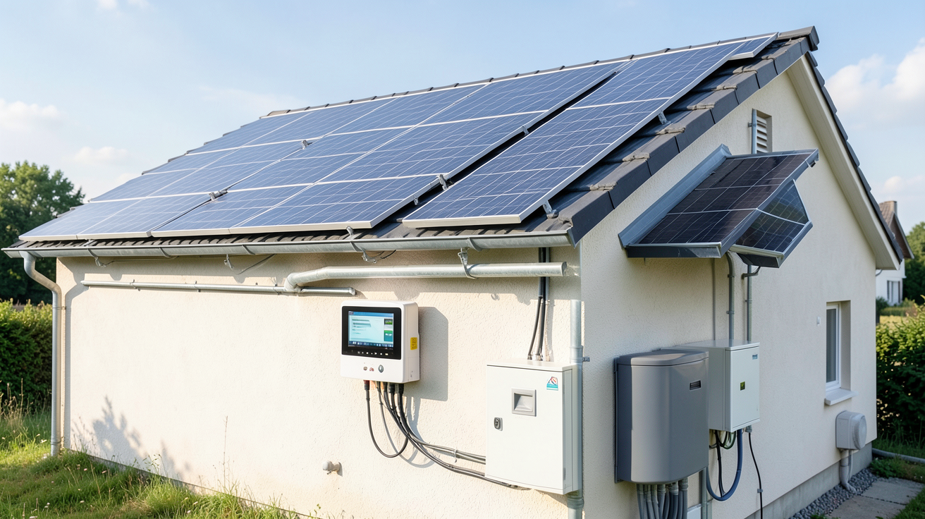 equipement photovoltaique montrant les huit composants essentiels d'une installation solaire : panneaux, onduleur, structure de fixation, câblage, système de monitoring, batterie, disjoncteur et boîtier de combinaison
