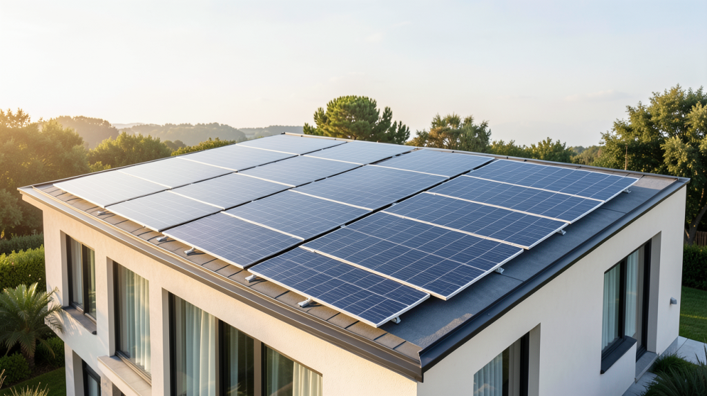 equipement photovoltaique panneaux solaires sur le toit d'une maison contemporaine