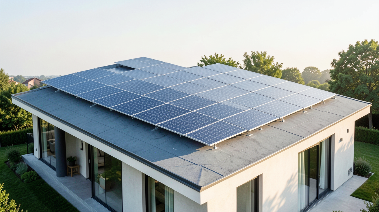 equipement photovoltaique installé sur le toit d'une maison moderne sous un ciel ensoleillé