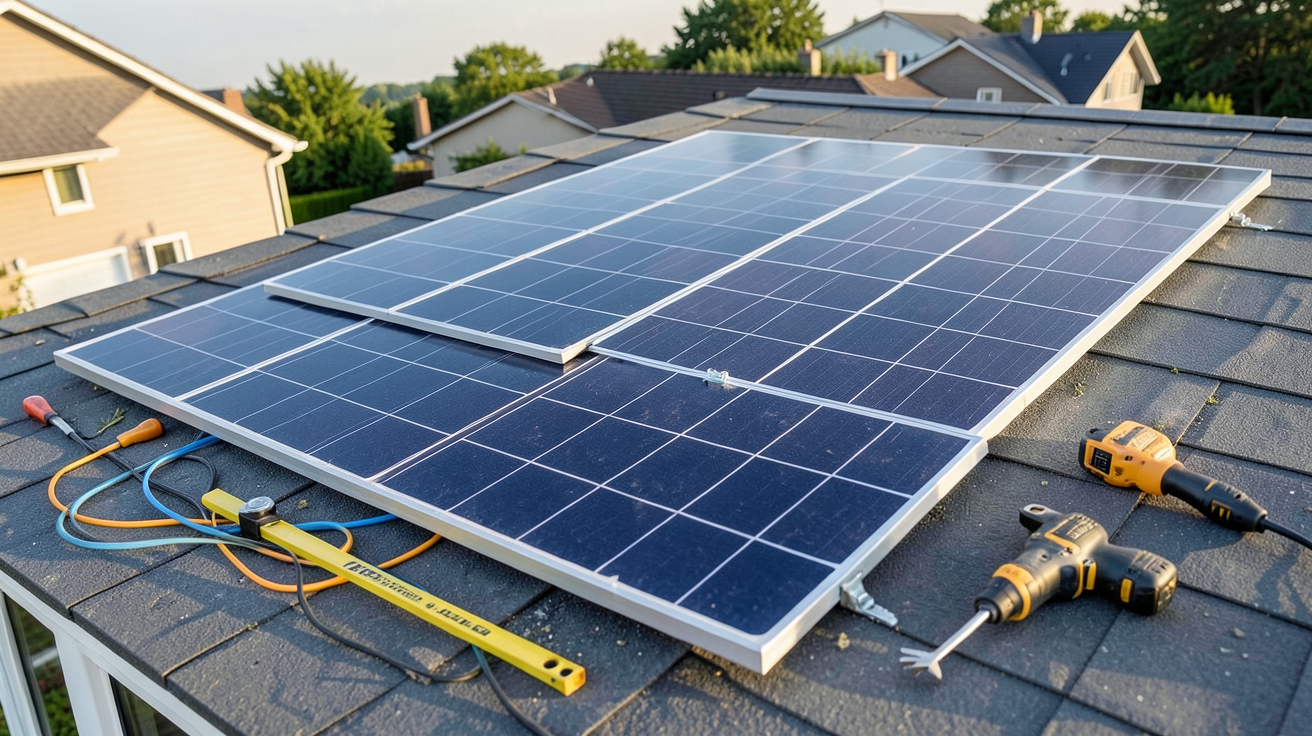 equipement solaire en cours d'installation DIY sur un toit de maison avec outils et panneaux partiellement posés
