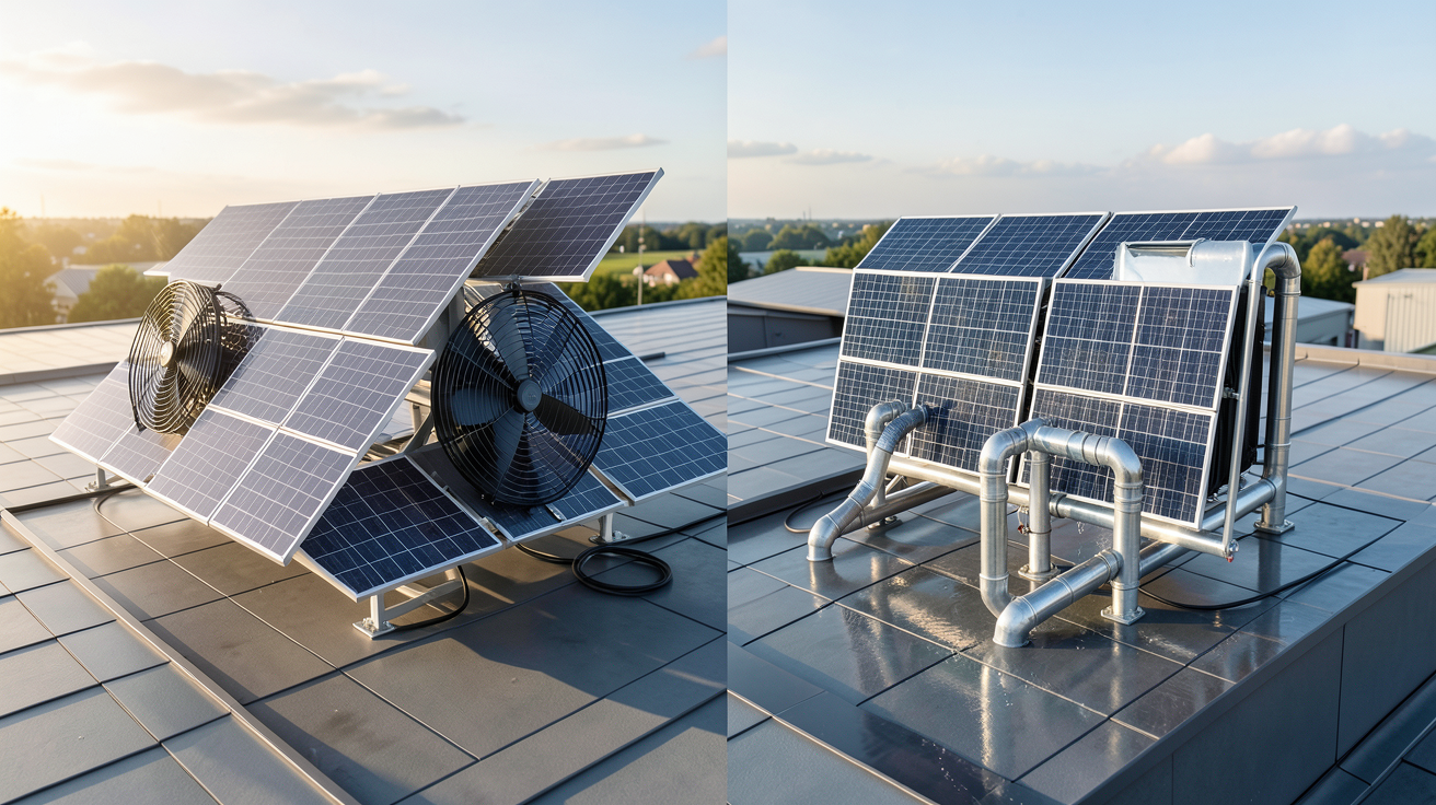 équipement solaire hybride comparant un panneau aérovoltaïque et un panneau hydraulique sur une toiture moderne