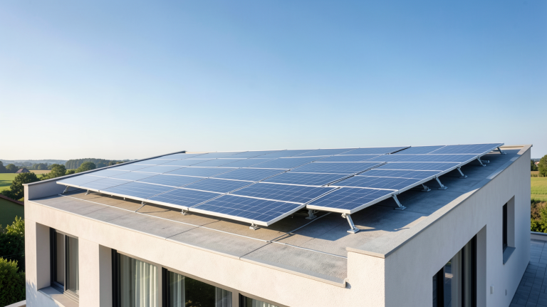 équipement solaire hybride installé sur le toit d'une maison contemporaine moderne