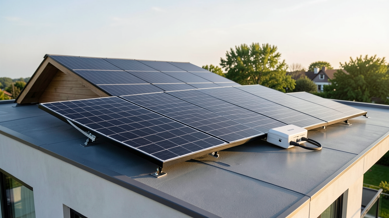 équipement solaire hybride clé en main installé sur le toit d'une maison contemporaine
