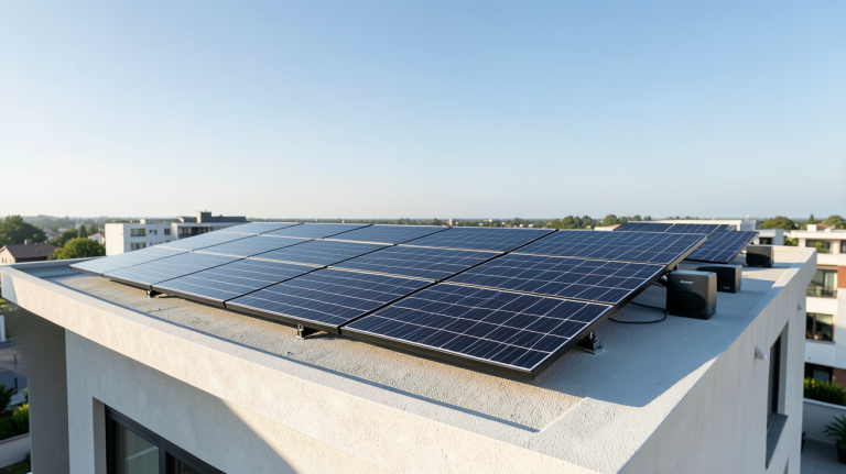 équipement solaire maison installé sur le toit-terrasse d'une résidence contemporaine