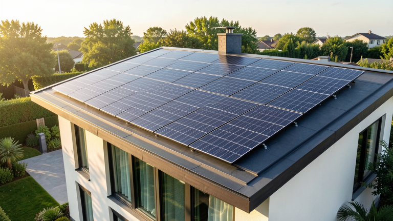 équipement solaire composé de panneaux photovoltaïques noirs installés sur le toit d'une maison moderne