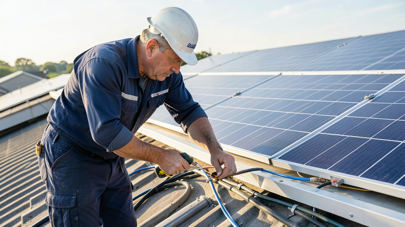 esdec photovoltaique guide d'installation pas à pas montrant un professionnel installant des panneaux solaires sur un toit