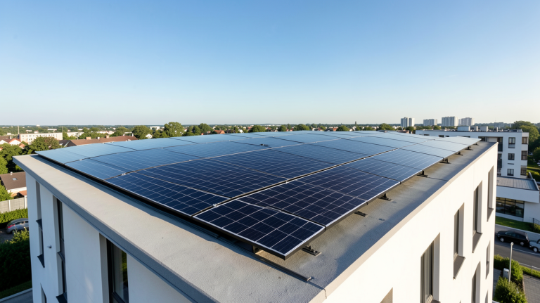 esdec photovoltaique installé sur le toit d'une maison contemporaine avec des panneaux solaires noirs brillants