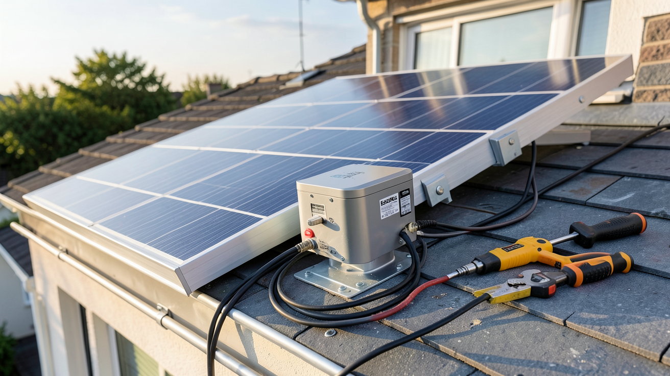 esotec pompe solaire en cours d'installation sur un toit de maison avec outils professionnels