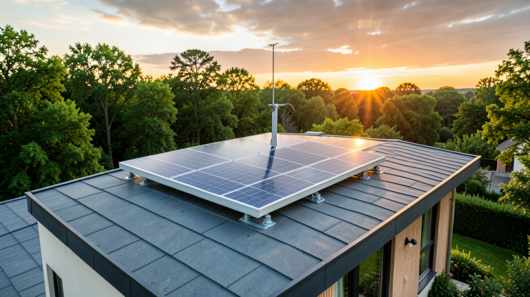 esotec pompe solaire installée sur le toit d'une maison écologique