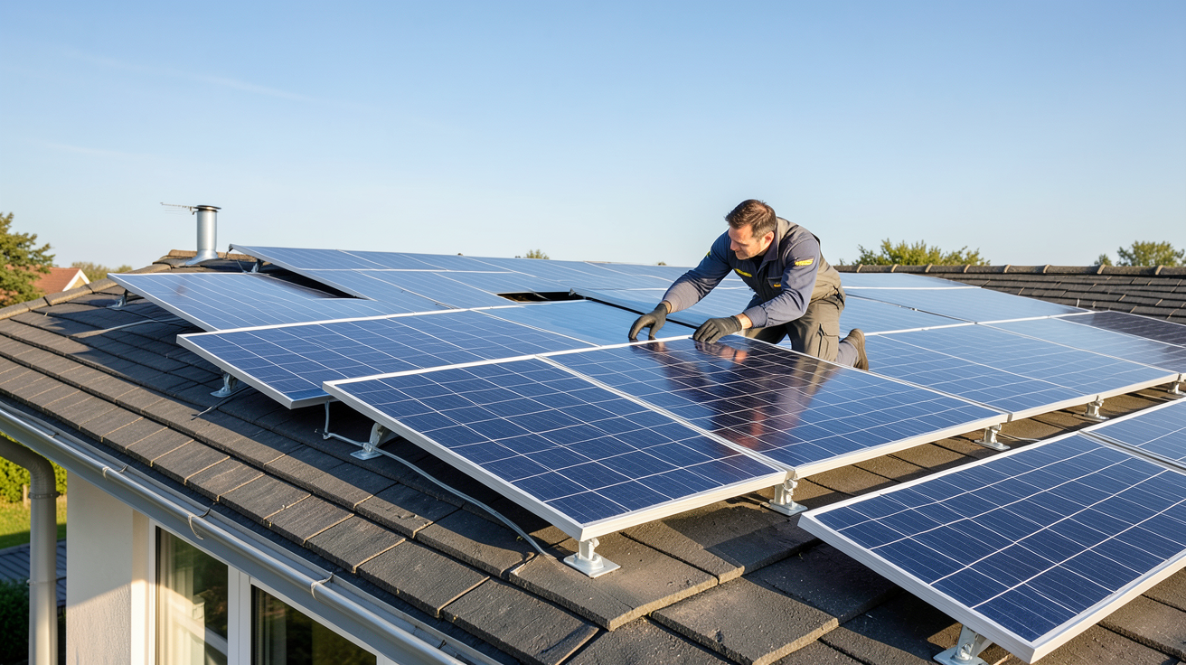 eurener panneau solaire installation guide pratique technicien ajustant des panneaux sur un toit