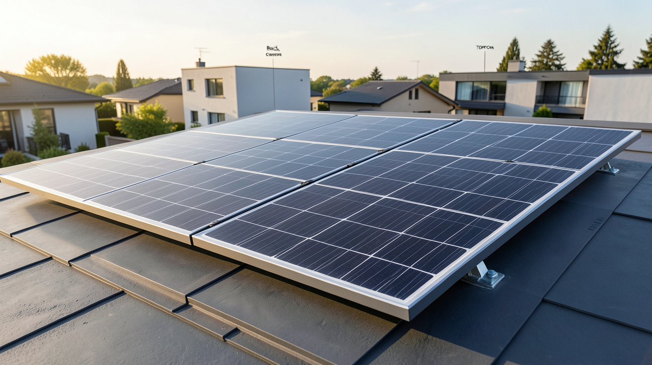eurener panneau solaire affichant les technologies TOPCon, Back Contact et bifacialité sur un toit moderne