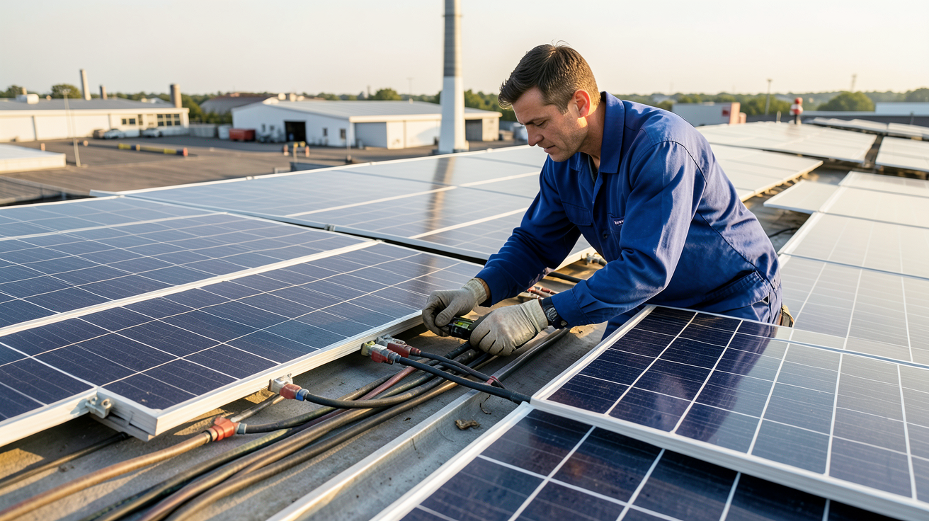 fabricant de panneaux solaires vérifiant les critères techniques essentiels sur un toit industriel