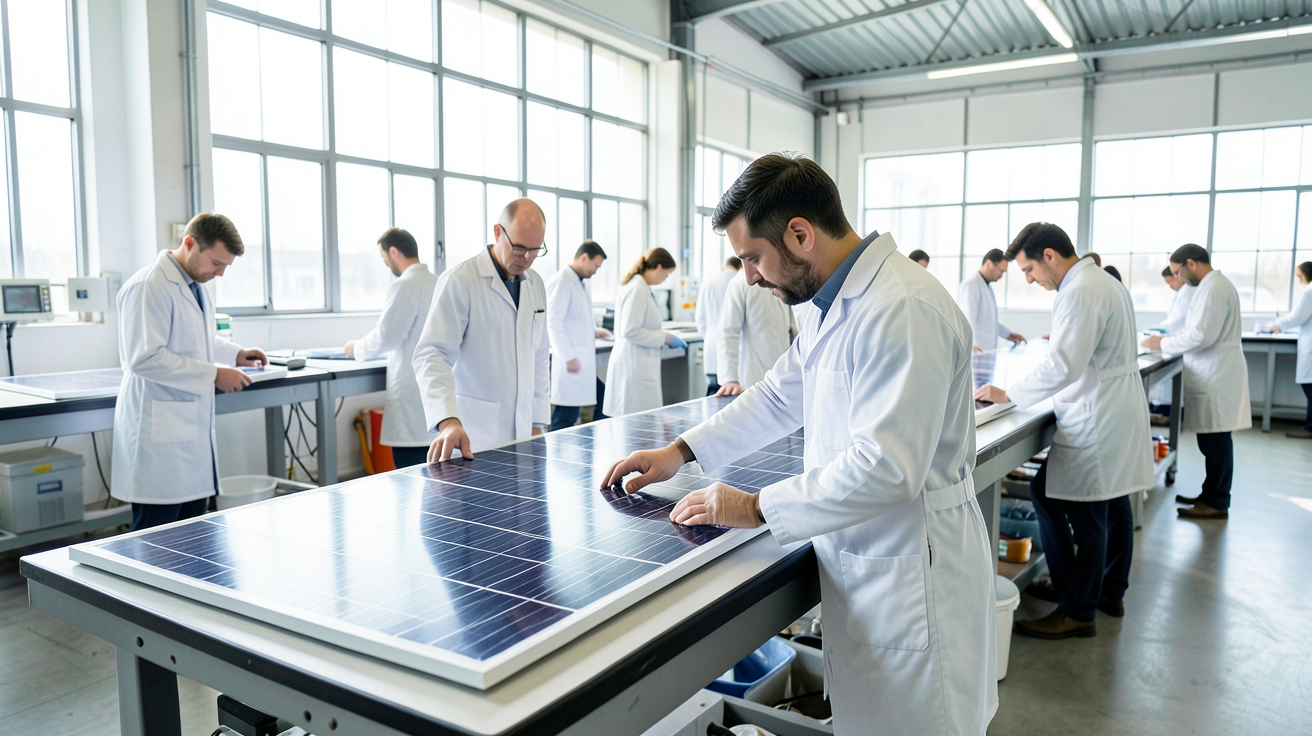 fabricant de panneaux solaires dans une usine moderne inspectant des panneaux photovoltaïques