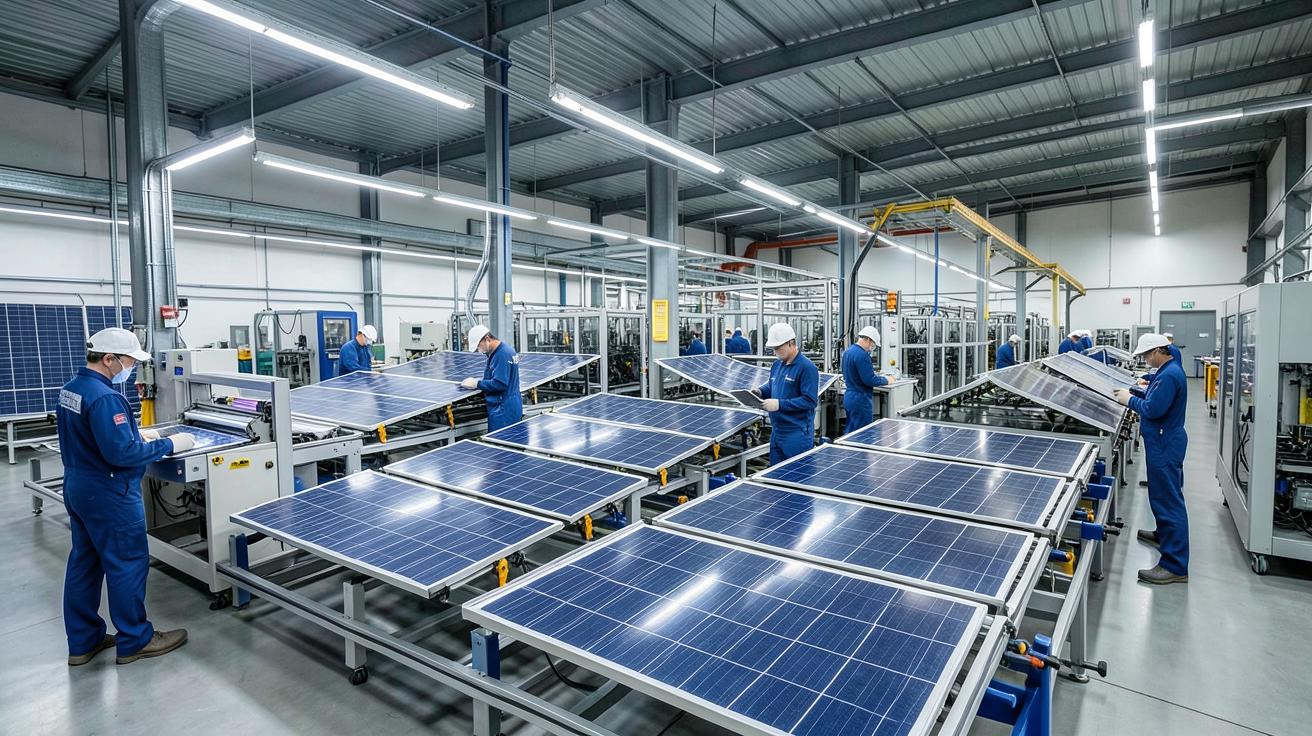 fabricant de panneaux solaires dans une usine moderne en France avec lignes de production automatisées