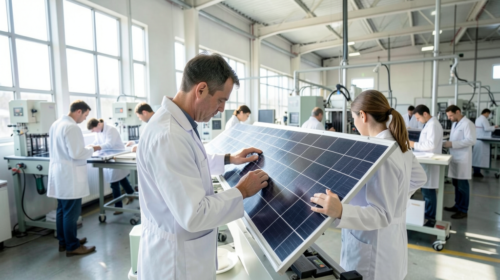 fabricant de panneaux solaires en usine moderne vérifiant la qualité des panneaux