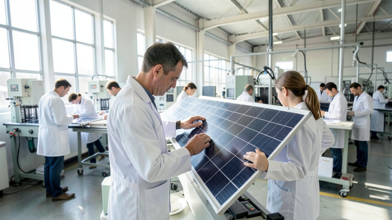 fabricant de panneaux solaires en usine moderne vérifiant la qualité des panneaux