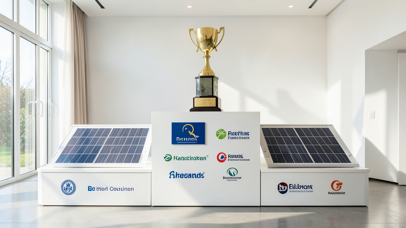 fabricant français de panneaux solaires classement 2024 illustré par un podium à trois niveaux avec des panneaux solaires et un trophée