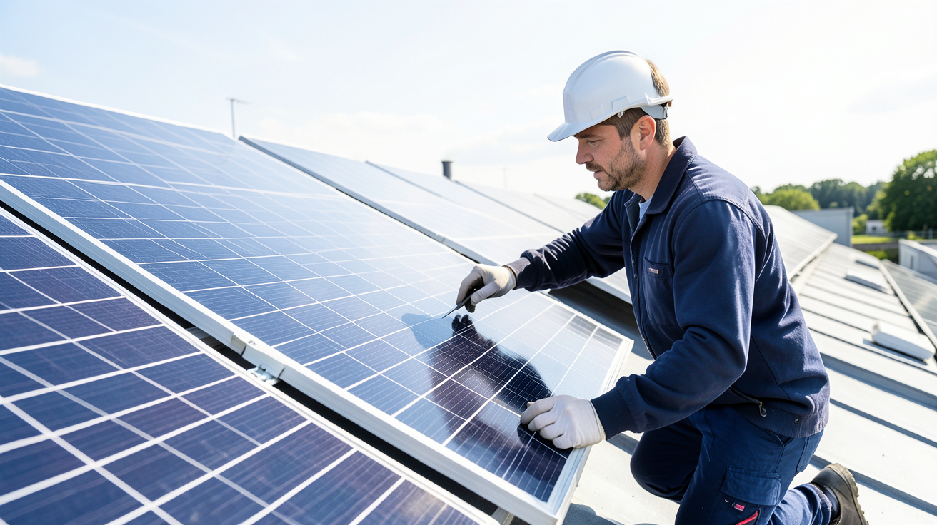 fabricant français de panneaux solaires photo montrant un technicien évaluant des panneaux solaires sur un toit ensoleillé, mettant en avant la qualité et les critères d'évaluation