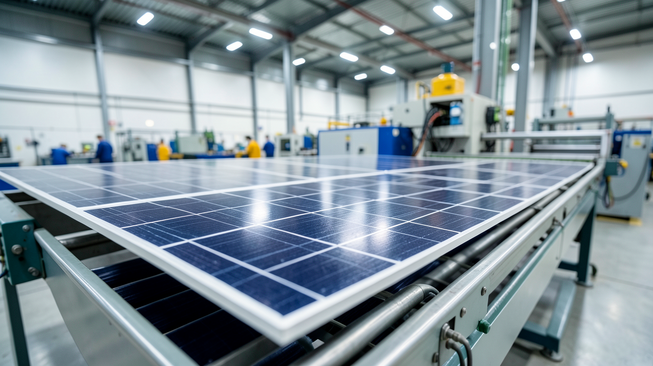 fabricant francais panneau solaire montrant une ligne de production industrielle moderne et propre.