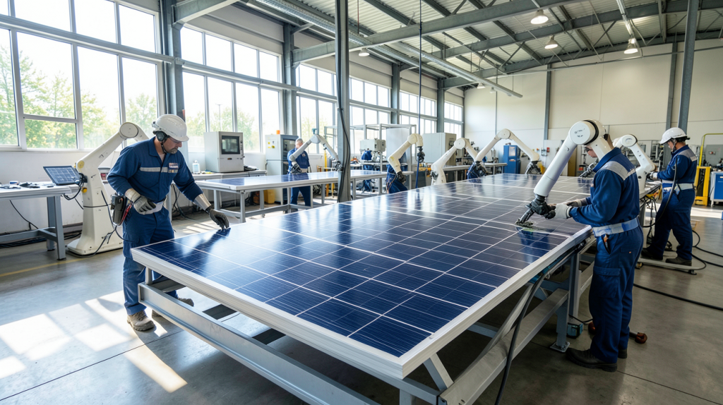 fabricant français de panneaux photovoltaïques dans une usine moderne avec robots industriels