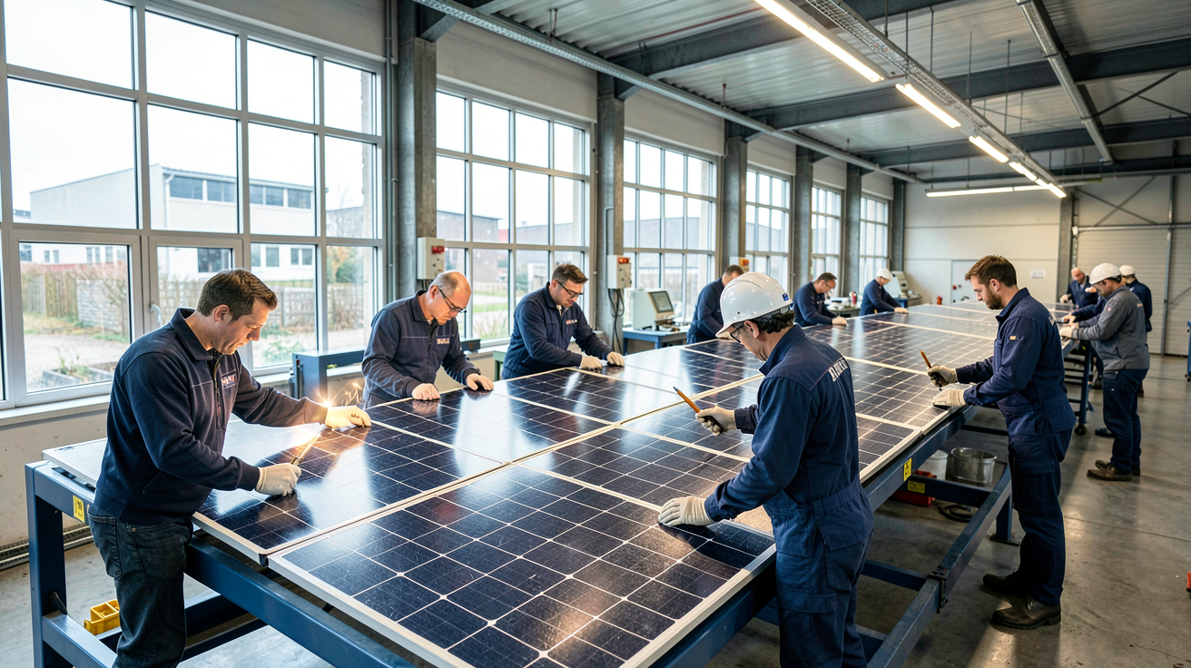 fabricant panneau solaire allemand présentant des technologies innovantes comme les cellules PERC et modules bifaciaux dans une usine moderne