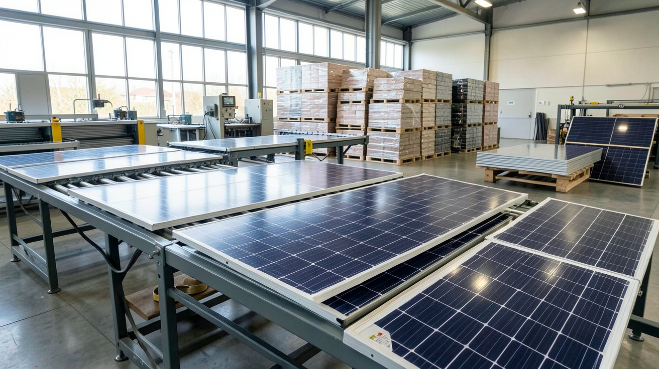 fabricant panneau solaire montrant la production française de panneaux solaires comparée à des panneaux importés, ligne d'assemblage éclairée dans une usine moderne