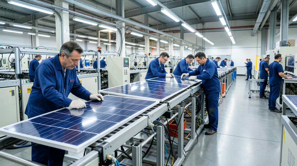 fabricant panneau solaire inspectant une ligne de production de cellules photovoltaïques dans une usine moderne