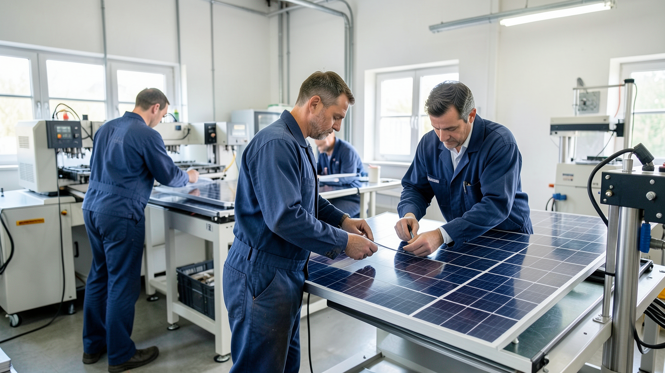 fabricant panneaux photovoltaique : atelier de fabrication française de panneaux solaires avec employés en combinaison de travail