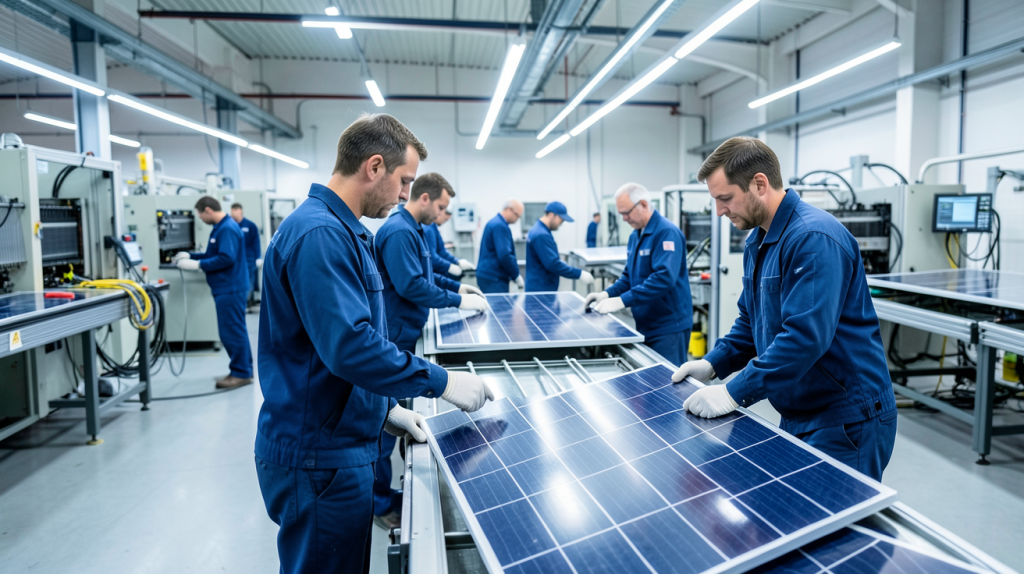 fabricant panneaux photovoltaïque dans une usine moderne manipulant des panneaux solaires sous lumière LED