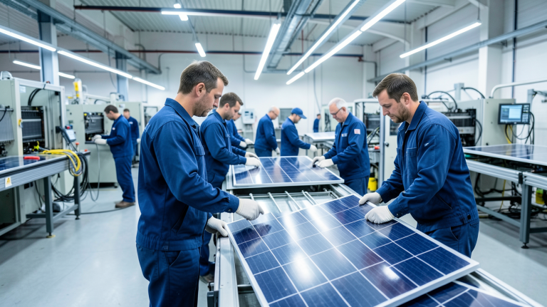 fabricant panneaux photovoltaïque dans une usine moderne manipulant des panneaux solaires sous lumière LED