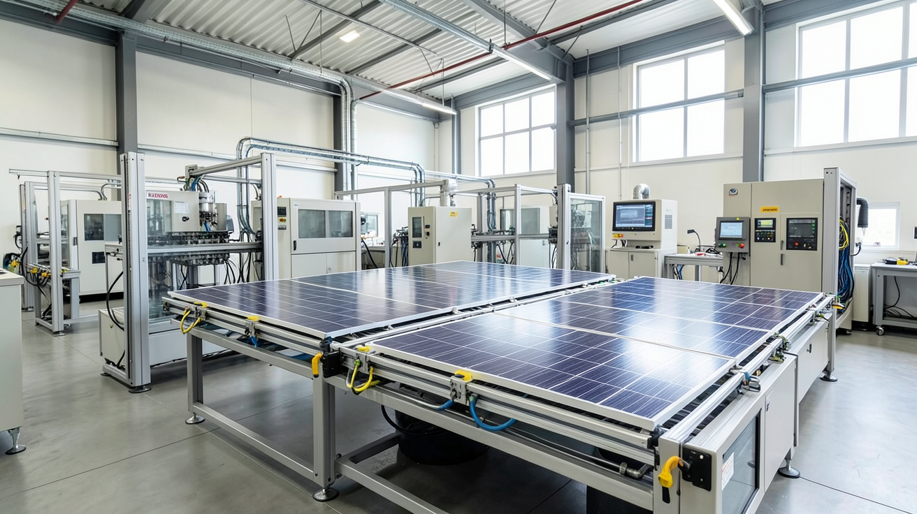 fabricant de panneaux photovoltaïques français présentant des innovations technologiques en atelier de production