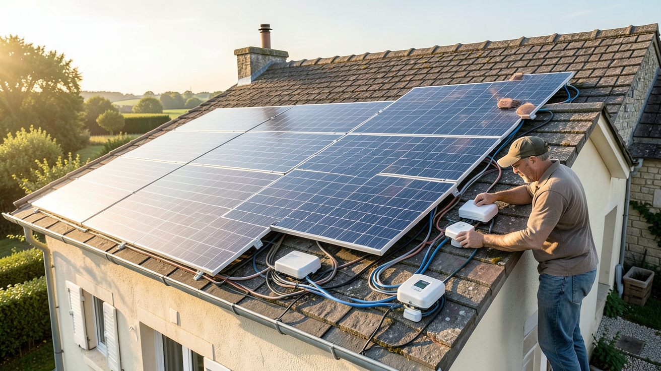 fabricant de panneaux photovoltaïques en train d'installer des panneaux sur le toit d'une maison en France