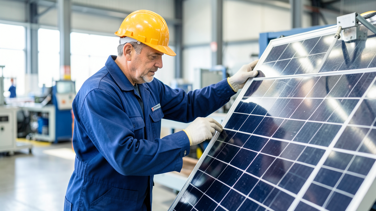 fabricant photovoltaïque évaluant des panneaux solaires dans une usine moderne