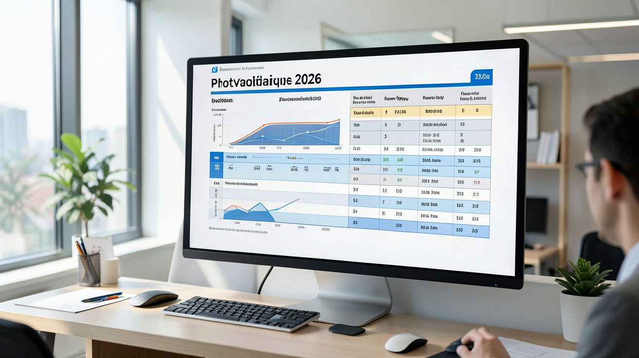 fabricant photovoltaïque affichant un tableau comparatif détaillé des offres 2026 sur un écran professionnel