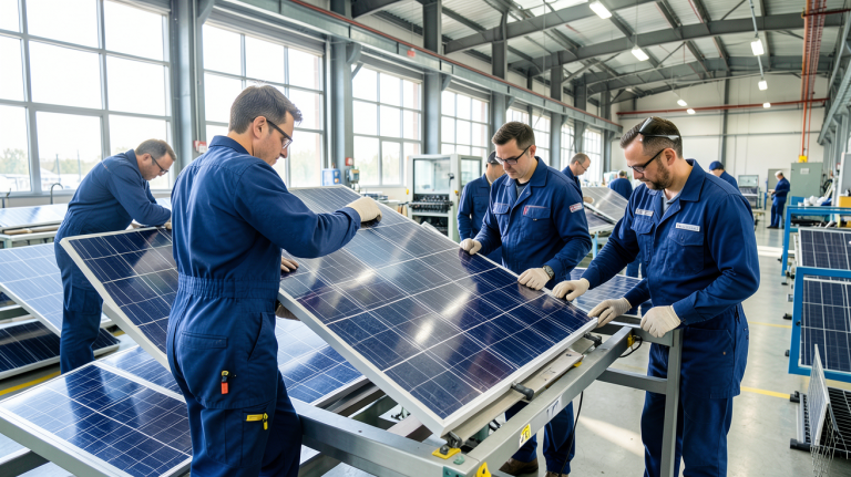 fabricant photovoltaïque dans une usine moderne inspectant des panneaux solaires
