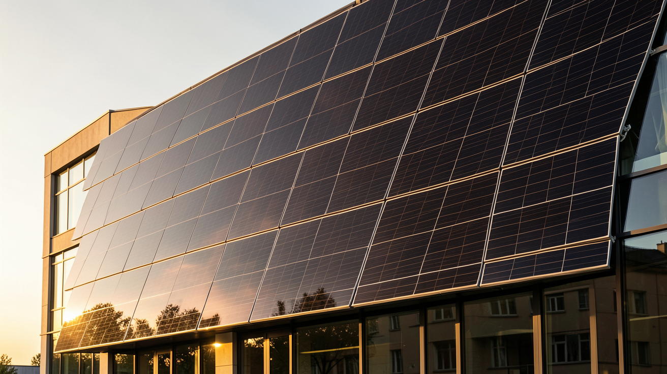 facade photovoltaïque intégrée à un bâtiment moderne montrant le rendement et la production estimée des panneaux solaires