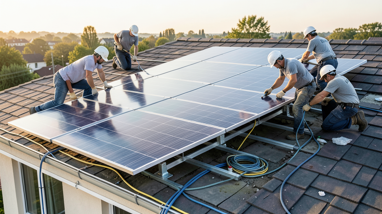 faire son installation photovoltaique : montage des supports et branchement final des panneaux solaires sur un toit