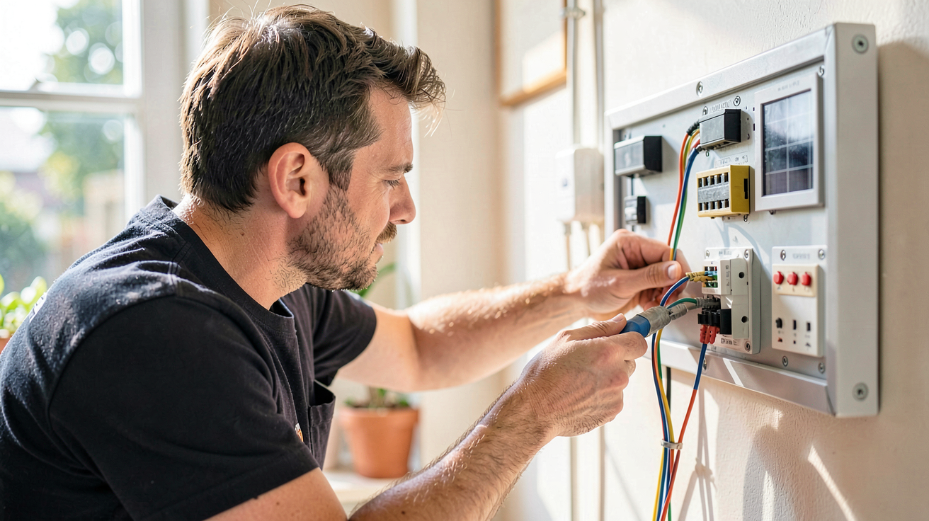 faire une installation solaire photovoltaïque : technicien réalisant le branchement électrique d'un système photovoltaïque sur un tableau électrique domestique