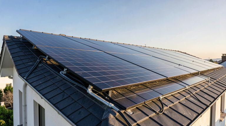 faire une installation solaire photovoltaïque sur le toit d'une maison individuelle avec des panneaux solaires noirs alignés