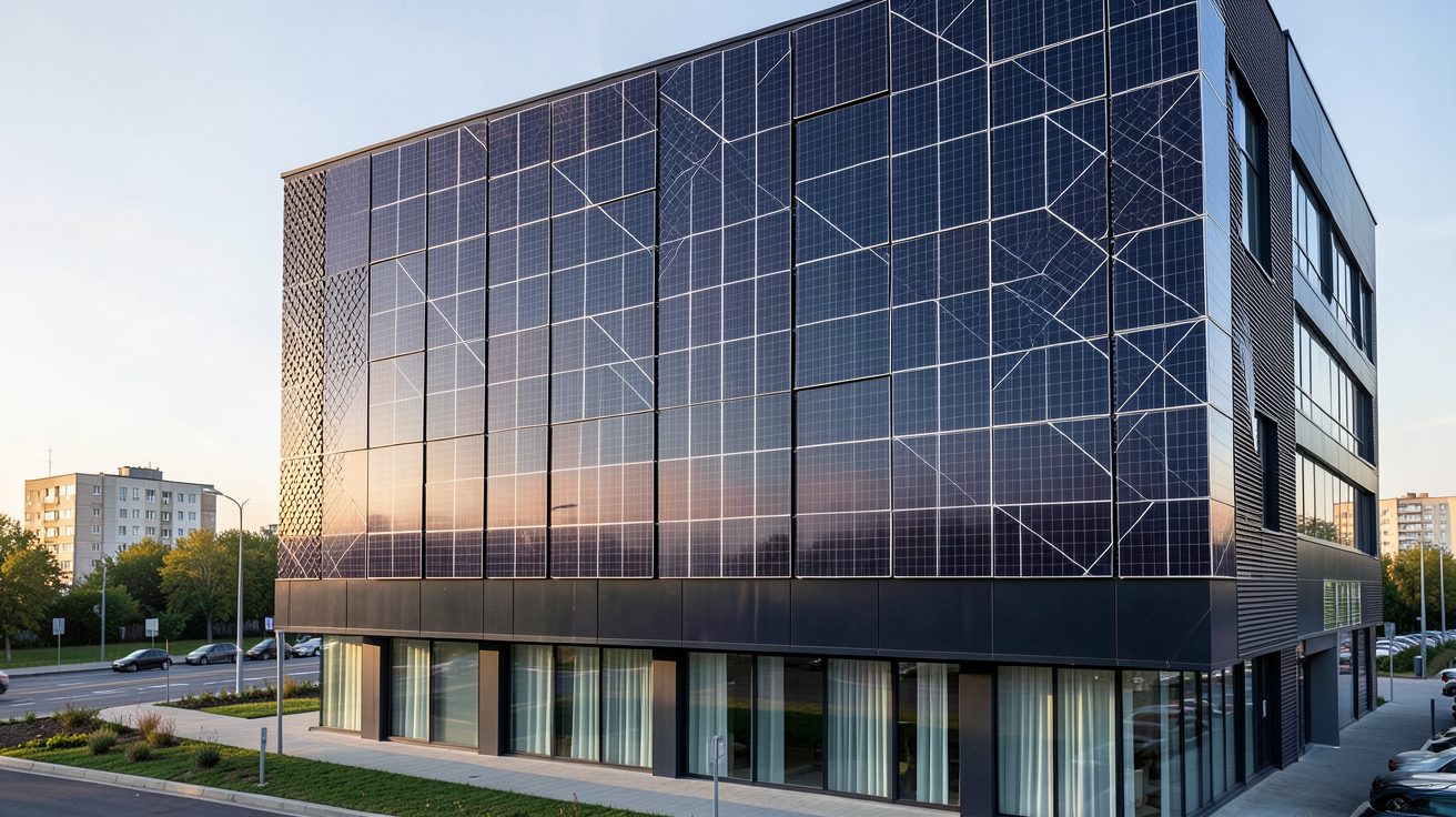 façade photovoltaïque montrant différents types de panneaux solaires intégrés à un bâtiment moderne