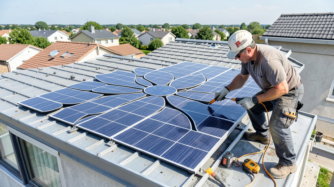 fleur panneau solaire en cours d'installation étape par étape sur un toit résidentiel