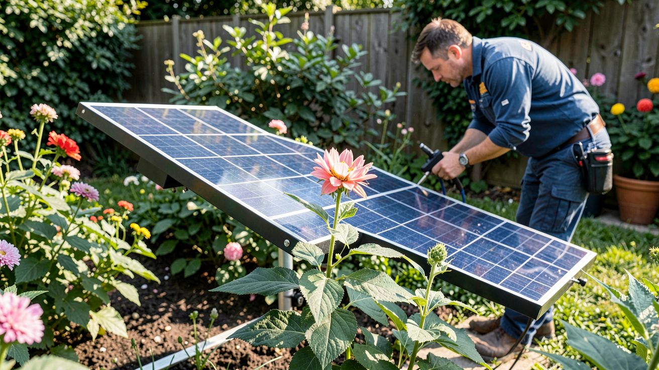 fleur photovoltaïque en cours d'installation dans un jardin