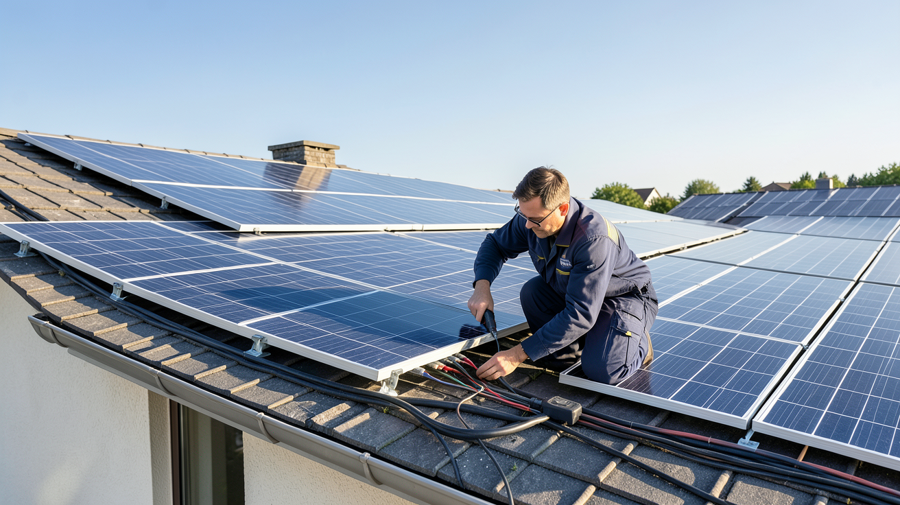fonroche panneau solaire installation panneaux solaires Fonroche sur toit maison technicien vérification connexions électriques