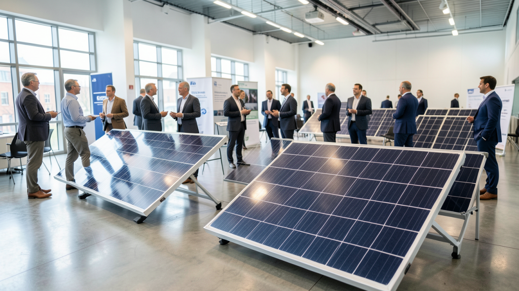 forum panneau photovoltaïque 2020 montrant des panneaux solaires exposés lors d'un salon professionnel.
