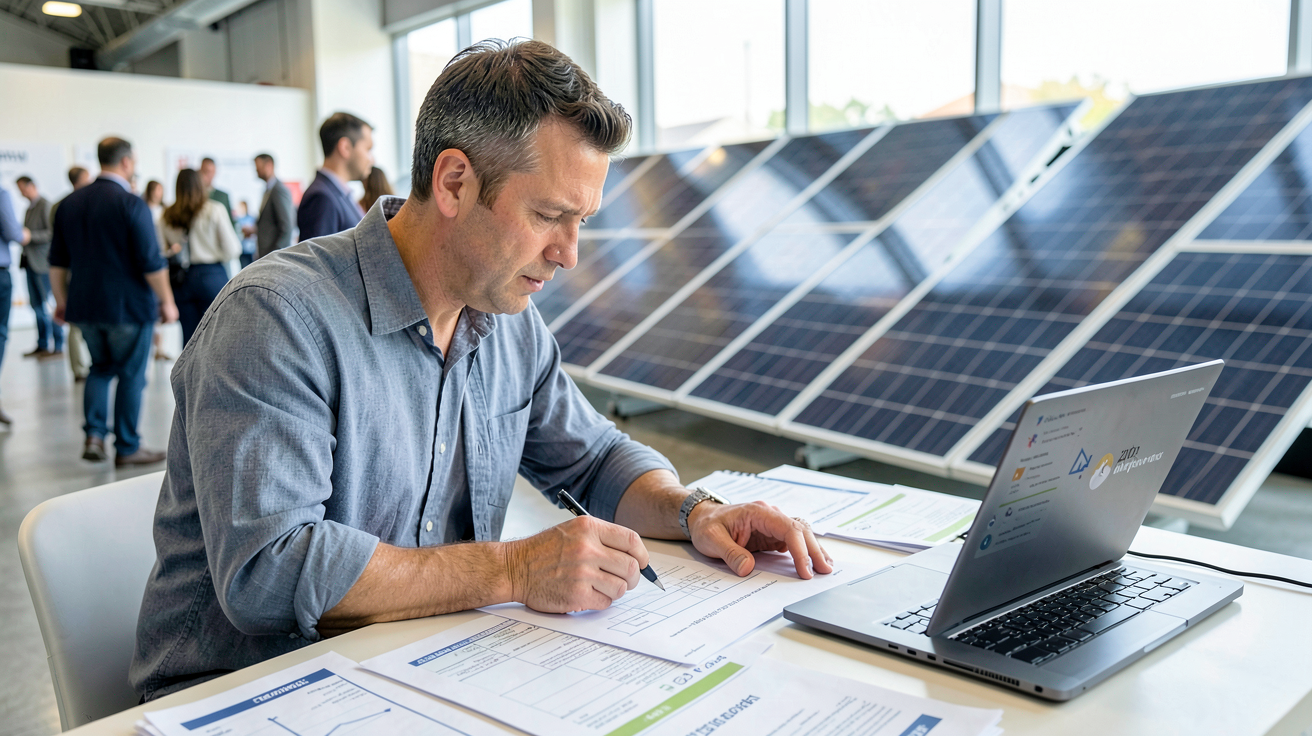 forum panneau photovoltaïque 2022 analyse d’un devis réel, professionnel avec documents et ordinateur, panneaux solaires en arrière‑plan